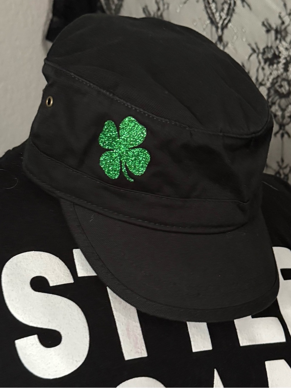 Alternative Apparel Black Military Cap with Green Glitter Shamrock